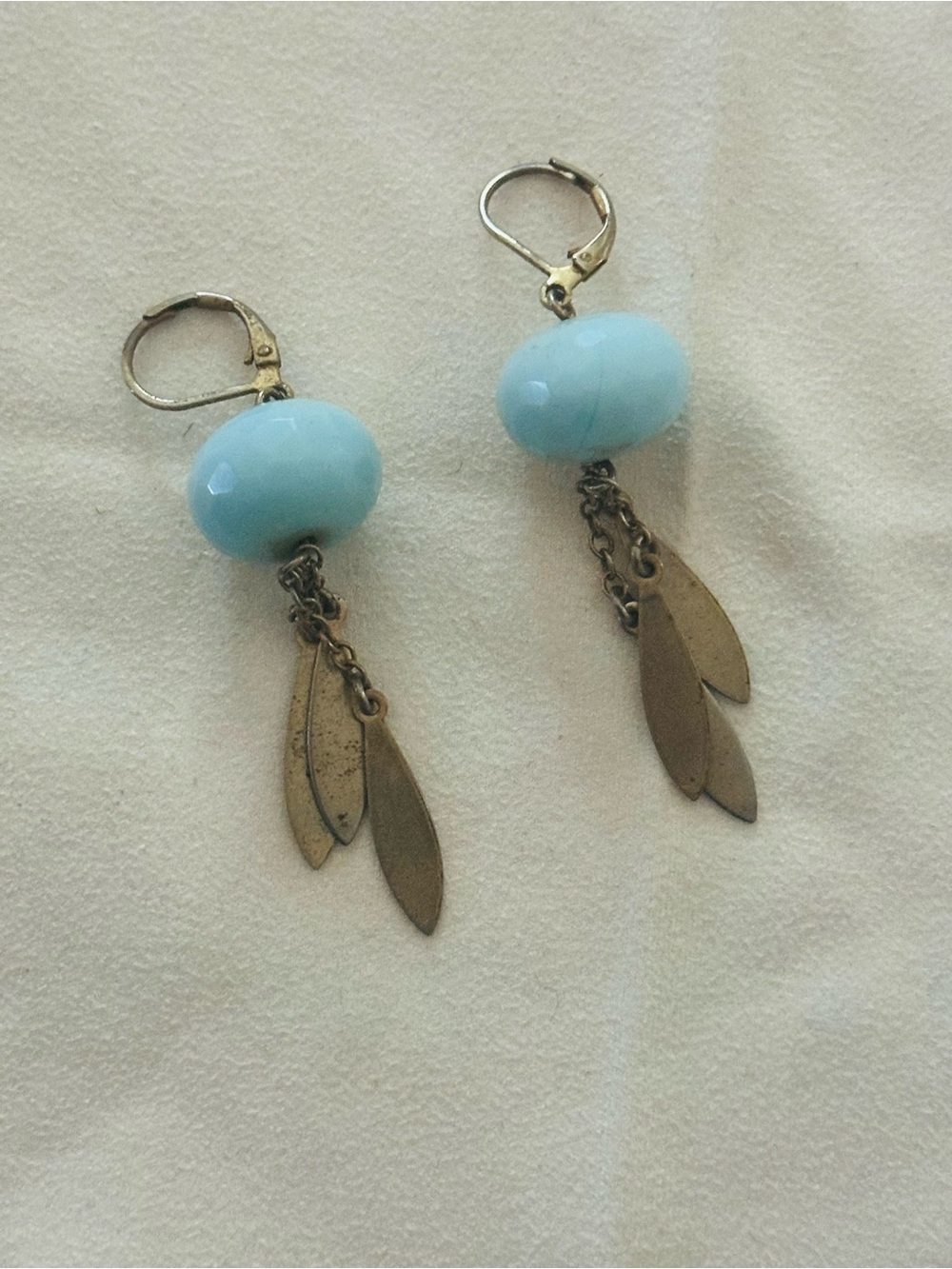 Vintage David Aubrey Blue Stone Dangle or Drop Earrings & Antique Gold Accents